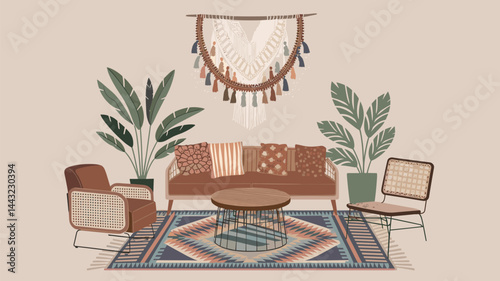 A cozy bohemian-style living room featuring a stylish sofa, decorative cushions, a coffee table, and lush indoor plants. Ideal for interior design inspiration.