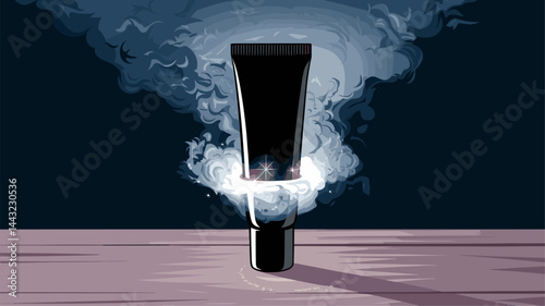 A captivating vector illustration of a sleek black cosmetic tube enveloped in swirling vapor, set against a dark background. Perfect for beauty and skincare projects.