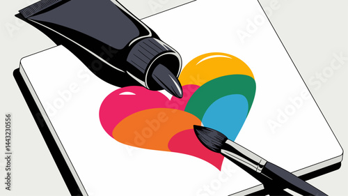 A vibrant illustration featuring a tube of paint and a paintbrush positioned over a sketchpad with a colorful heart design. Perfect for art lovers.