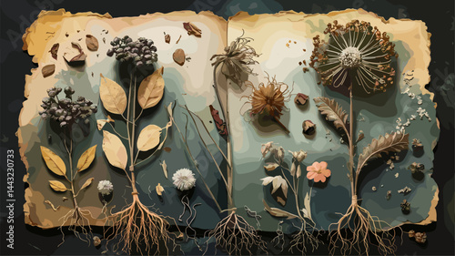 A beautifully designed vector illustration depicting various plants and their roots displayed on an open book. Perfect for educational and decorative uses.