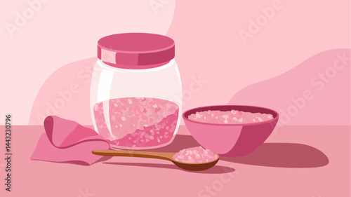 Discover a serene spa setting with pink salt in a jar and a bowl on a gentle pink background. Ideal for wellness and self-care themes.