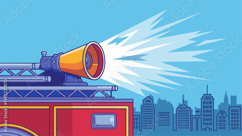 A vibrant vector illustration featuring a fire truck siren emitting sound waves against a stylized city skyline backdrop. Ideal for emergency services or urban themes.