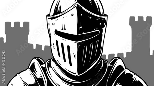 A striking black and white illustration of a knight in armor, showcasing intricate details. The knight is set against a castle silhouette, perfect for medieval-themed designs or historical c...