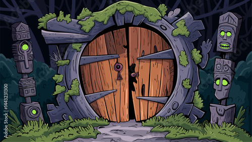 An intriguing illustration of a mystical wooden door surrounded by lush moss and eerie totem poles, set in a dark forest backdrop, perfect for fantasy-themed designs.
