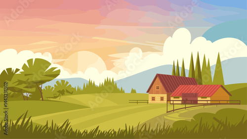 A peaceful vector illustration featuring a quaint farmhouse nestled in rolling green hills under a vibrant sunset sky with fluffy clouds and surrounding trees. Perfect for nature themes.