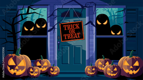 A festive Halloween illustration featuring a haunted house entrance. Dark windows reveal spooky ghouls, while carved pumpkins adorn the doorstep, creating a playful yet eerie atmosphere.