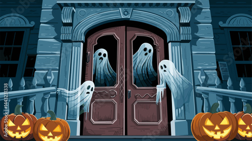 This illustration features a haunted house entrance with ghostly apparitions and carved pumpkins. Perfect for Halloween-themed projects, decorations, and events.