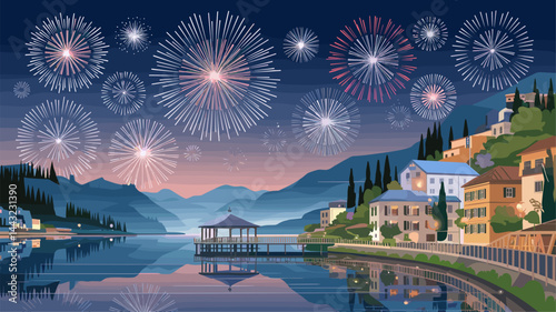 Illustration of a beautiful lakeside village with fireworks lighting up the night sky. Perfect for celebrations, events, and festive themes.