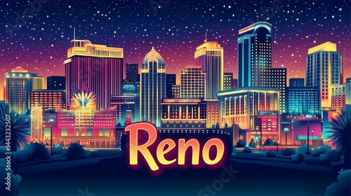 City of Reno, Nevada night time skyline postcard style vector illustration	