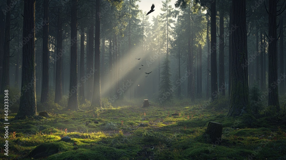 Fototapeta premium Mystical Sunbeams in an Enchanting Forest