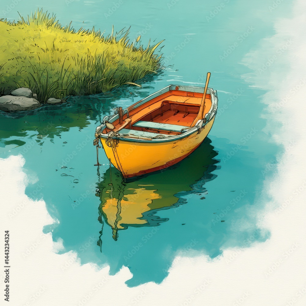 Obraz premium Tranquil scene of a small yellow and orange rowboat gently resting in calm, teal water near a grassy riverbank. The boat's reflection is visible on the water's surface. Soft, painterly style.