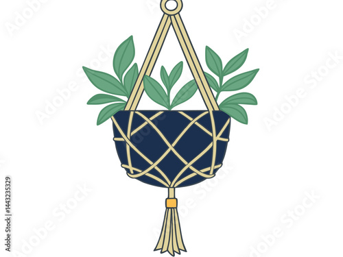 Hanging Macrame Plant Holder with Green Plant Illustration