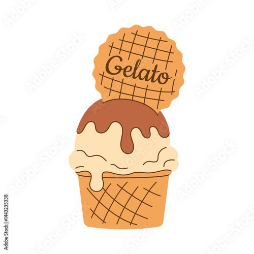 Hand drawn icon, logo, element of melted scoop of vanilla ice cream, gelato with chocolate in small waffle cup isolated on transparent background. Summer flavor of creme brulee. Flat vector EPS10