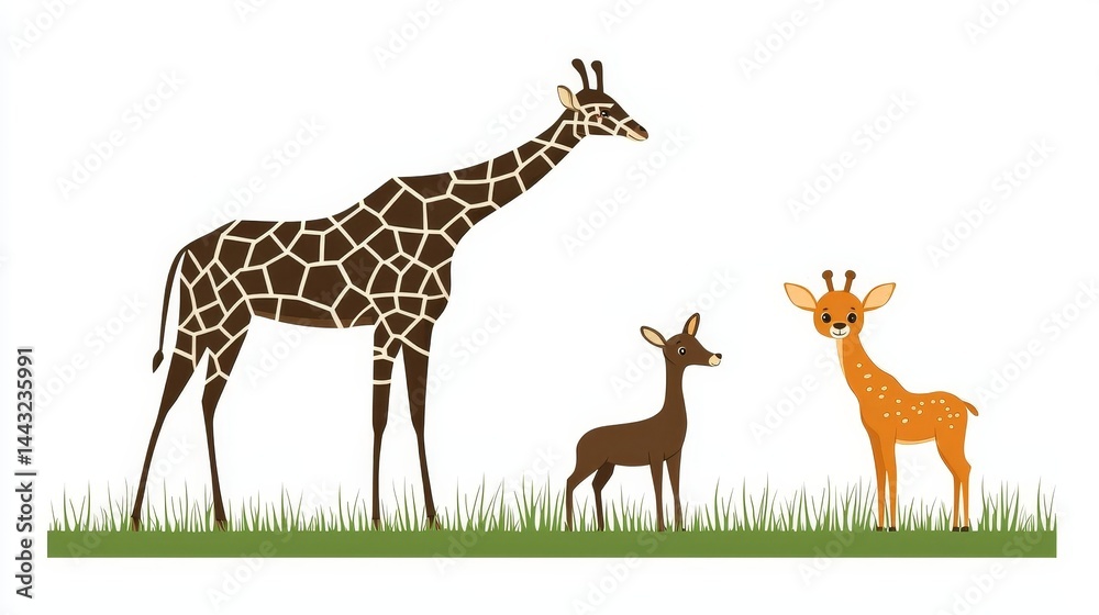Fototapeta premium Giraffe and two fawns in a grassy setting. World Environment Day ESG