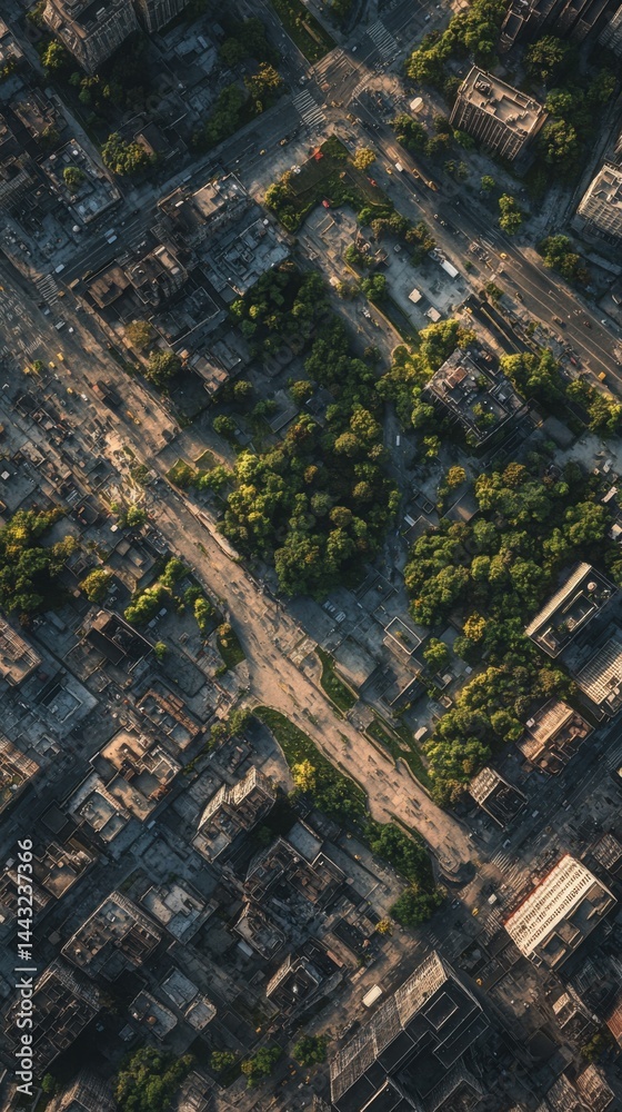 Fototapeta premium Aerial view of an urban landscape showcasing green parks amidst city buildings and roads.
