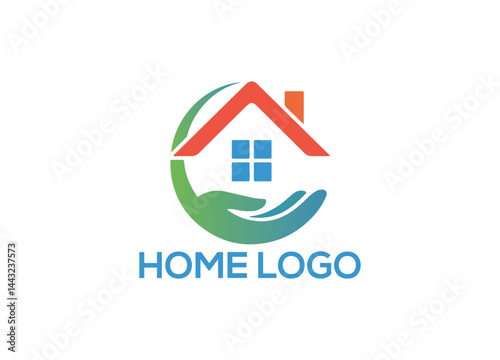 A modern logo showing a red-roof house with blue windows, encircled by a green protective hand symbolizing care, safety, and home security