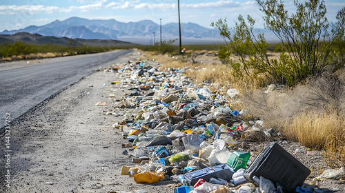 Roadside Waste: A stark depiction of roadside litter, highlighting the pervasive environmental impact of pollution along a deserted road with mountains in the background.
