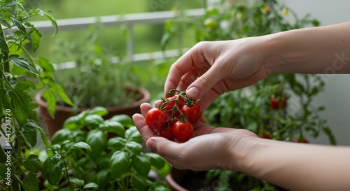 Harvesting cherry tomatoes in home balcony garde