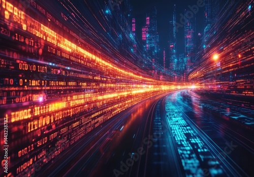 Futuristic city tunnel filled with coded data streams.