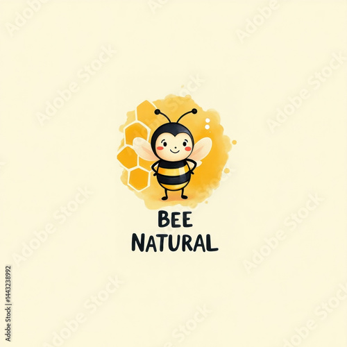 An adorable smiling cartoon bee stands confidently in front of a honeycomb pattern with text promoting natural living. Vibrant and cheerful illustration perfect for nature and sustainability