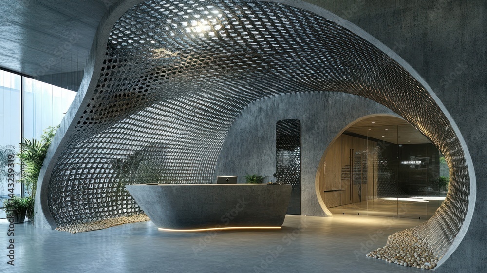 Obraz premium Modern office lobby reception desk, concrete walls, metal mesh ceiling, city view