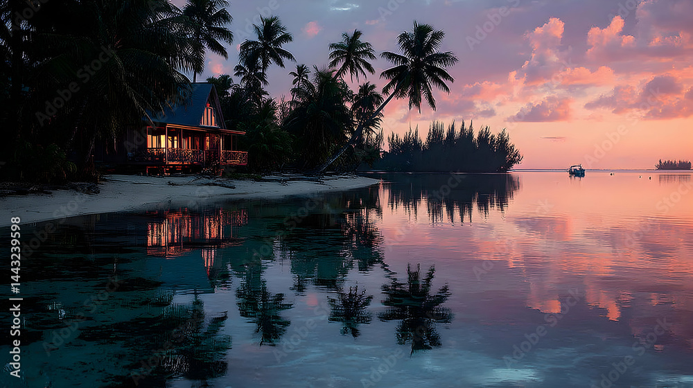 Fototapeta premium Serene sunset over tranquil lagoon, reflecting illuminated beach house nestled amongst palm trees. Idyllic tropical escape.