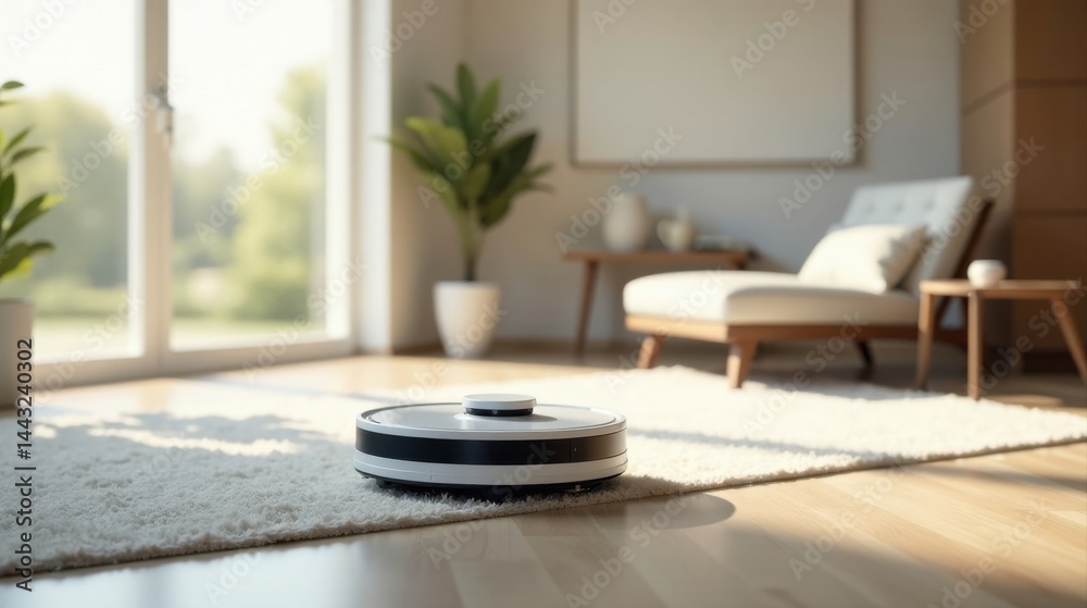 A modern robotic vacuum cleaner rests on a plush carpet in a sunlit living room, showcasing minimalist home design and automated cleaning technology. A modern robotic vacuum cleaner rests on a plush carpet in a sunlit living room, showcasing minimalist home design and automated cleaning technology.