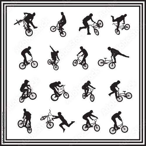 BMX trick silhouette set – extreme sport bicycle stunts vector collection featuring freestyle riders performing jumps, flips, and tricks