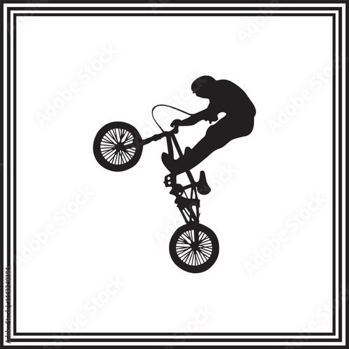 Freestyle BMX silhouette – extreme cyclist performing midair stunt on BMX bike, vector illustration for action sports and biking art