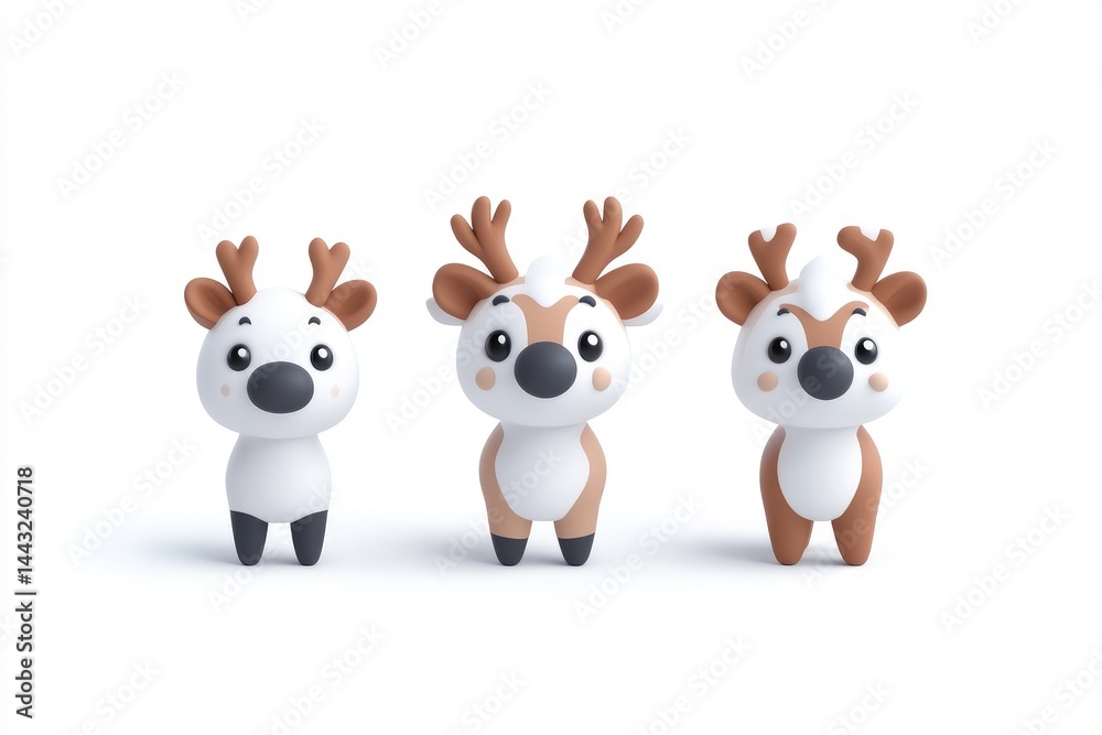 Obraz premium Three cute cartoon reindeer figurines standing in a row on a white background.
