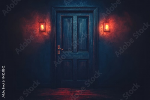 Dark room, old wooden door, red lights, mystery. Horror movie, game background