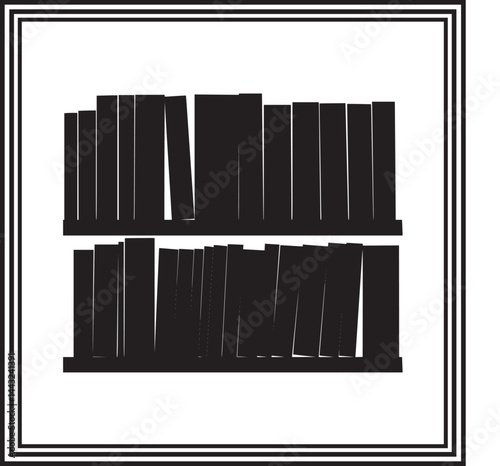 Bookshelf silhouette vector – two shelves of standing books in black and white minimalist design, ideal for libraries and educational use
