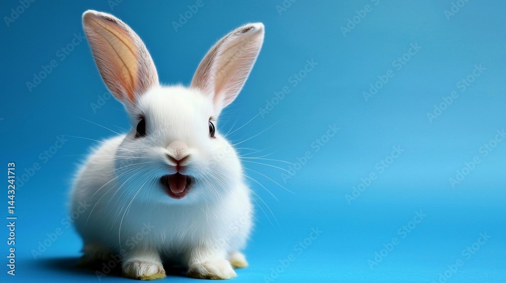 Obraz premium Cute and playful white bunny smiling in a colorful setting.