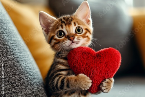Cute bengal baby feline with fluffy red heart at cozy homestead. Bengal - my treasured cat, symbol of care. Commercial companion concept creative concept art. Love and meow magic. Pet romance.