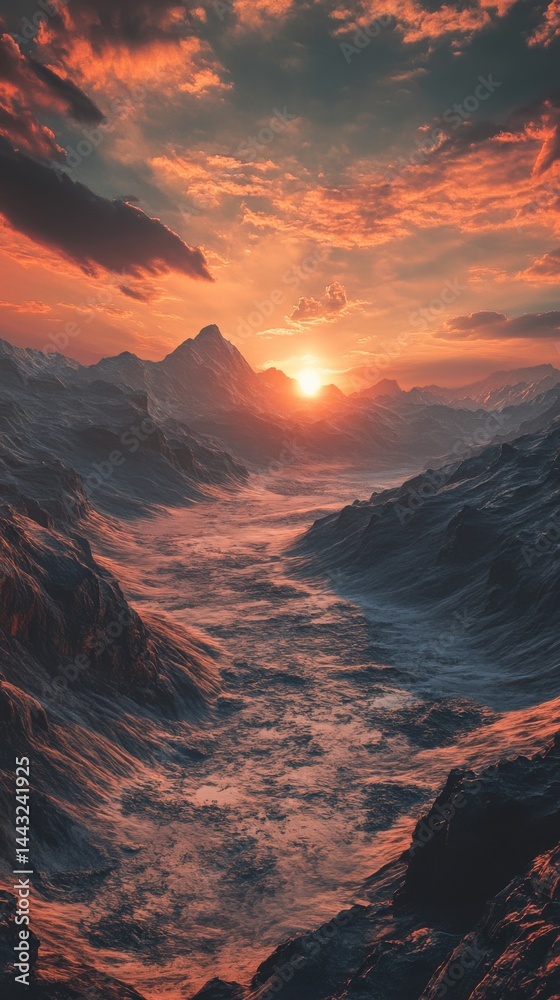 Fototapeta premium Breathtaking mountain landscape at sunset, highlighting the vibrant colors and dramatic shadows across the valley.