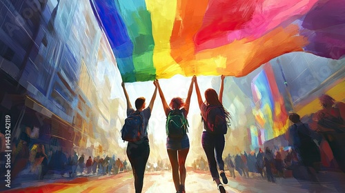 A group of four cheerful individuals stands under a blue sky, joyfully holding a large rainbow flag overhead.