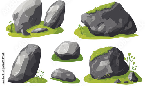 Flat Minimalistic Vector Illustration of Moss-Covered Rocks for Natural Design Elements