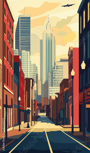 Atlanta Urban Street View Panorama in Flat Minimalist Vector Style
