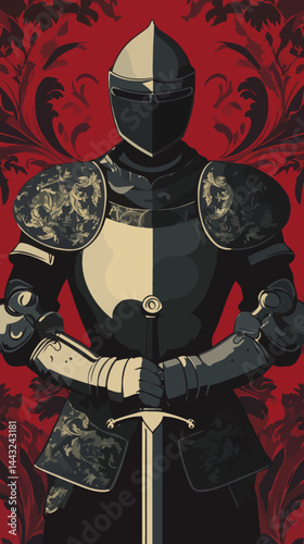 Chivalrous Knight in Ornate Armor: Flat Minimalist Vector Illustration