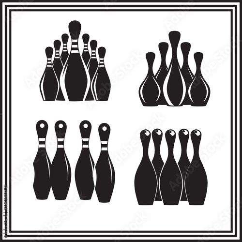 Bowling pin silhouette bundle – vector black bowling skittles collection with group arrangements, sports icons for game design, strike illustrations, and logo use