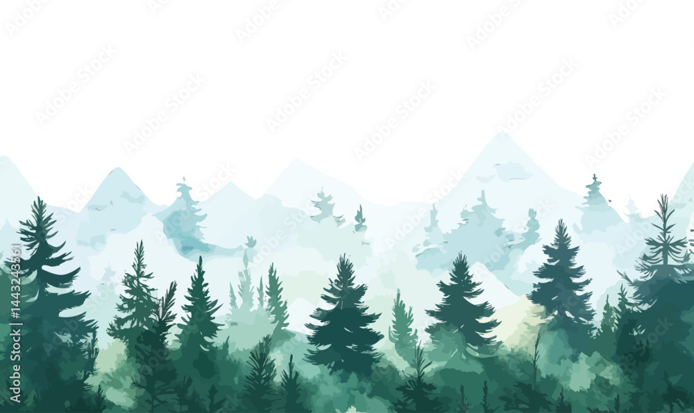 Fototapeta premium Minimalist Watercolor Green Pine Forest Landscape Banner Vector Art