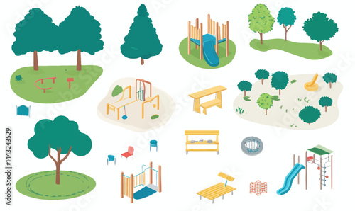 Isometric Park Elements Vector Set with Playground and Trees in Minimalist Style
