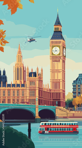Retro London Travel Poster with Big Ben in Vintage Flat Minimalist Style