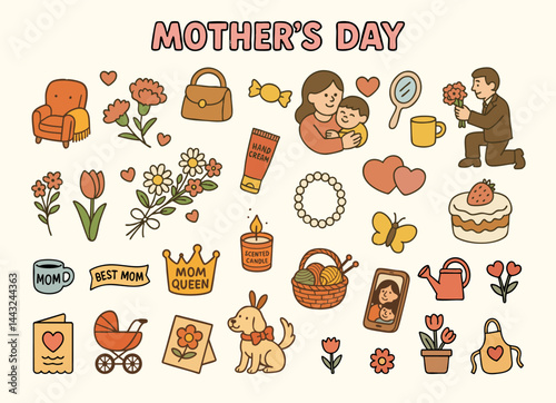 Cozy and playful flat vector set for Mother’s Day with cartoon characters, cute gifts, cozy home details, and floral elements in kawaii doodle style. Ideal for seasonal products and packaging.