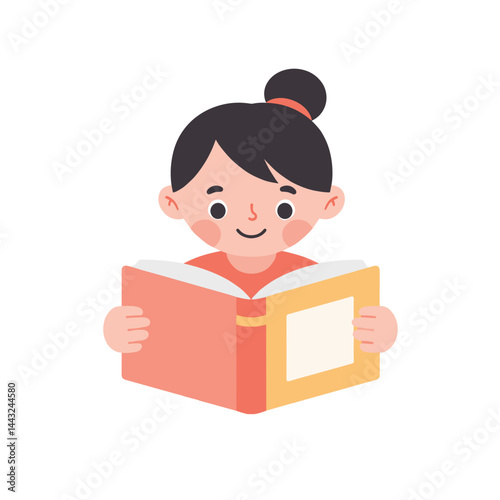 Happy child reading a book with a smile in a playful learning environment against a white background