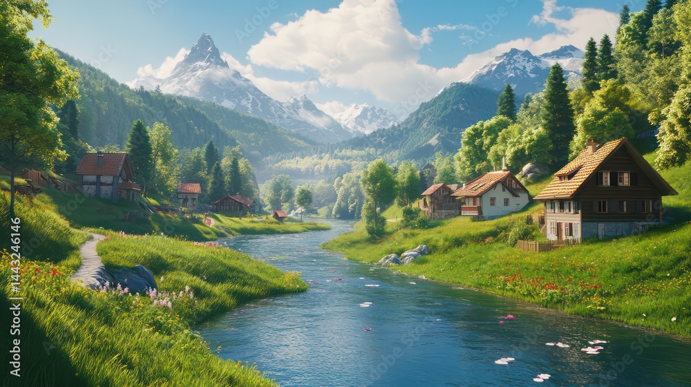 Fototapeta premium Tranquil valley river flows through alpine village