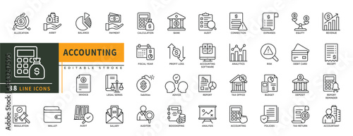 Minimalist Accounting line icons set with editable stroke, featuring allocation, asset,  balance, payment, invoice, regulation, auditor, bank, audit, connetion, risk, equity. thin linear illustration.