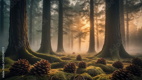 Golden hour light filters through a misty forest, illuminating tall trees and moss-covered ground scattered with pine cones. A serene and magical scene.
