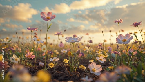 A field of wildflowers bathed in the golden light of sunset. Delicate petals and soft pastel colors create a peaceful and serene atmosphere.