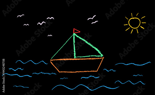 Cute childish vector illustration of a sailboat at sea, drawn with color charcoal wax texture on black. Baby style art featuring birds, sun, and waves in a simple childlike in kindergarden drawing